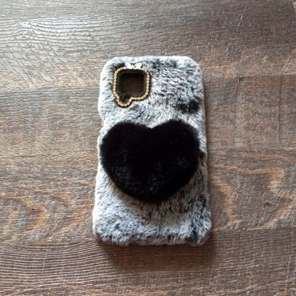 Furry gray and black heart Galaxy A12 phone case